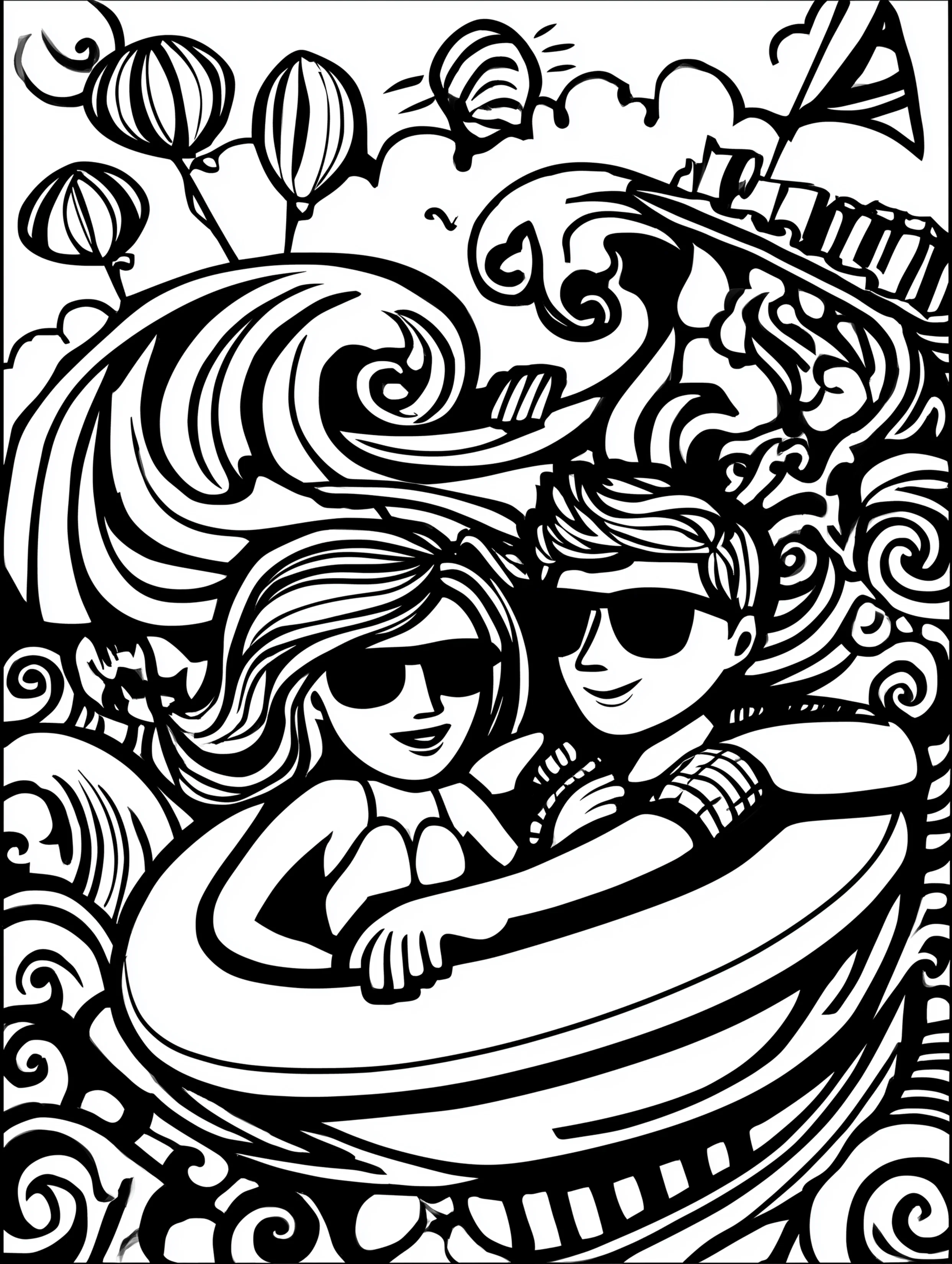 Free printable summer coloring page for adults featuring a couple relaxing together in an inner tube